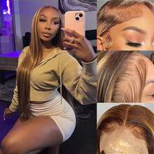 无胶真人混纺直发假发，预剪裁，13x4/13x6，200%密度，蕾丝前假发，真人混纺，无胶佩戴，预先拔毛，预先漂白，抽绳假发，34英寸，200%密度 - SP4/27 - 查看 9