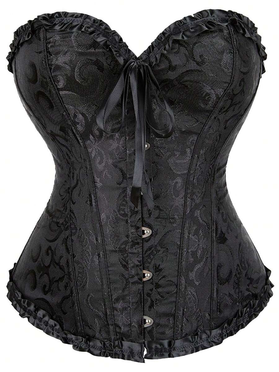 大码女式花卉提花束身胸衣上衣，露背无肩带抹胸上衣，适合派对穿着，黑色夏季款 - 黑色 - 查看 1