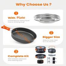 Cepasei 8/14Pcs Camping Cookware Mess Kit, Portable Non-Stick Aluminum Alloy Cookware, Kettle Pot Frying Pan Plates Forks Knives Spoons For Camping, Backpacking, Outdoor Cooking - Orange - View 8