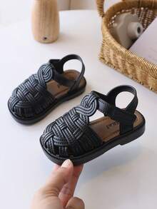 1 Pair Girls Sandals, Hook And Loop Soft Sole, Versatile Casual Children Sandals - Black - View 2