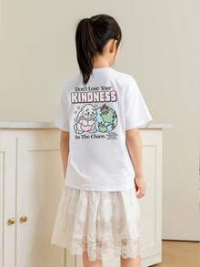 Tween Girls' Casual Printed Round Neck Short Sleeve T-Shirt, Summer Top - White - View 2