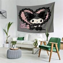 SANRIO 1件装大型三丽鸥哥特式可爱动漫挂毯 - 黑色粉色爱心图案布艺墙毯，适合宿舍、可爱动漫主题装饰、横向大型墙面艺术品 - 彩色 - 查看 5