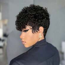 6英寸短卷真人发假发，巴西雷米发，150%密度，适合所有头型，机织，颜色可选：1B和99J - 黑色 - 查看 9