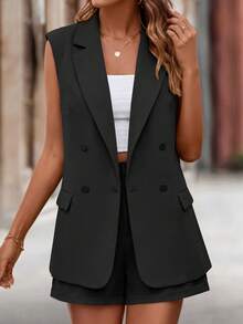 Women's Summer Two Piece Outfit Sleeveless Blazer And High Waisted Shorts Set Business Casual Suit - 黑色 - 查看 4
