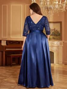 Đầm dạ hội dài size lớn thanh lịch cổ chữ V sâu đính sequin phối ren tay lỡ 3/4 phối satin tương phản, đầm dự tiệc tối dạ hội, đầm khách mời đám cưới trang trọng, cho tiệc homecoming - Màu xanh hải quân - Xem 2