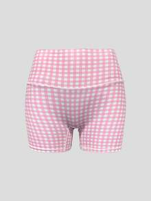 Sodalemon Women's Plaid High Waist Yoga Shorts Leggings - Pink - View 3