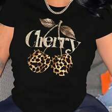 Creative English Leopard Print Cherry Pattern Printed Women's Casual Sport T-Shirt, Round Neck, Short Sleeve, Comfortable Summer Top for Vacation - Negro - Ver 1
