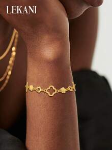 1 件 S925 纯银花朵和三叶草空心链手链，简约时尚，适合日常佩戴，送给母亲、女友的优雅礼物 - 金色 - 查看 2