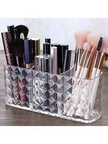 奢华菱形图案加厚透明三格化妆品收纳盒，亚克力笔筒刷子铅笔收纳盒 - 塑料材质，轻巧便携，无需电源，桌面化妆刷铅笔收纳盒 - 無色 - 查看 6
