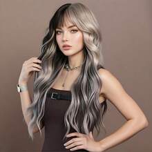 ROALYUV Inspired Silver Pink Highlighted Long Wavy Wig With Bangs For Women, 26.77 Inch (68CM) Multi-Layered Synthetic Wig With Face-Framing Curtain Bangs, Heat Resistant Adjustable Capless Cap, Wear & Go Airy Wig, Natural Hair Parting, Easy To Style For Daily Wear, Cosplay, Party & Halloween - Đánh dấu màu xám - Xem 7