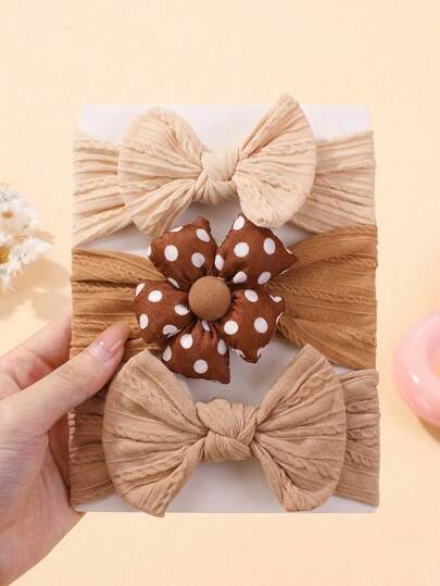 3件套新生儿可爱卡其色尼龙蝴蝶结发带套装，适合四季日常佩戴