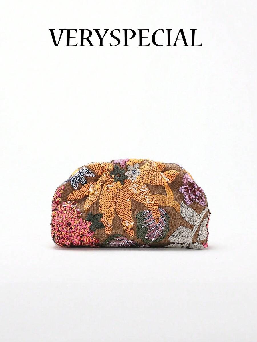 1 件彩色 PVC 亮片花卉图案亚麻底网眼刺绣荷叶边云女士手拿包，时尚闪亮晚装包，适合休闲、节日派对