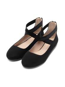 Women Flats Elastic Cross Ankle Strap Ballet Flats Back Zipper Comfortable Dress Commuting Elegant Flats Shoes - 黑色 - 查看 7