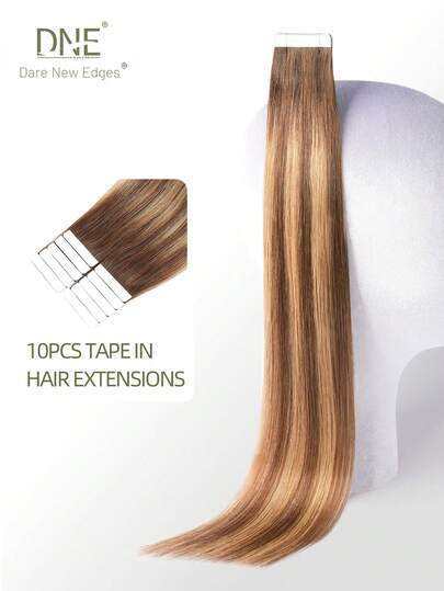 DNE HAIR 10pcs Tape In Hair Extensions 100% Human Hair #T4-P4/27 Balayage Chocolate Brown To Caramel Blonde Straight Style In 14-22 Inch Lengths Extensions Silky Seamless Invisible Top Quality Thick Ends Healthy Human Hair Extensions For Thin Hair And Salon Use And For All Women/Girls Daily Use