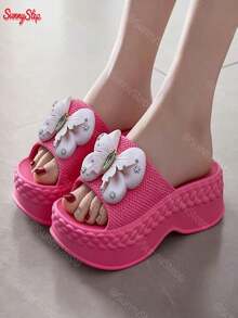 Chanclas de plataforma para mujer con diseño de mariposa suaves antideslizantes cómodas para hogar baño y uso diario - Rosa Fucsia - Ver 3