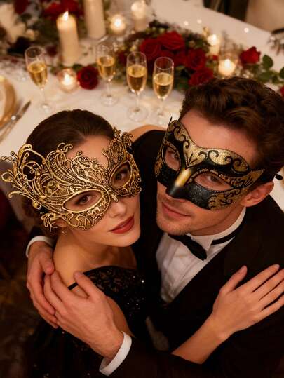 2pcs/Set Luxury Gold Masquerade Mask Set, Venetian Party Mask For Christmas, Halloween, Carnival Costume, Romantic Couples Masquerade Ball, Unisex, Valentine's Day Gift