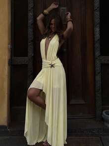 NOVELLE Women's Pale Yellow Deep V-Neck Sleeveless Maxi Dress, Elegant Sexy Waist-Cinched Open Back Chiffon Dress With Star Decor, Suitable For Summer Vacation, Dates, Parties And Formal Events - Yellow - View 8