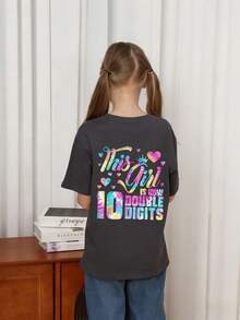 Tween Girls' Casual Graphic Print Crew Neck Short Sleeve T-Shirt, Summer Top - Dark Grey - View 2