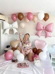 Dusty Pink Beige Heart Balloons, Bow Balloons, Neutral Pink Brown Sand White Latex Balloon Set, Giant Bows Helium Foil 18 Inch Heart Shaped Balloon For Boho Bear Birthday Baby Shower Wedding - Multicolor - View 1