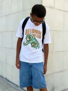 Boys & Teens' Casual Graphic Print Round Neck Short Sleeve T-Shirt, Summer Top - 白色 - 查看 3