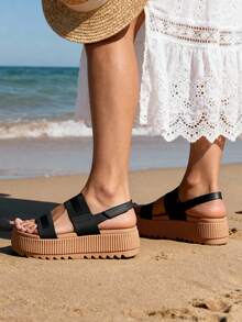 Sandalias de Plataforma para Mujer, Sandalias de cuña elásticas con Puntera Abierta para Playa Verano - Negro - Ver 3