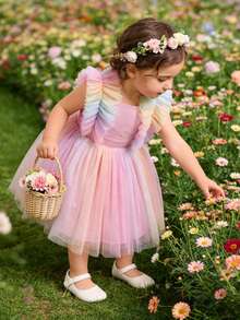 Infant Girls Elegant Cute Star Ruffle Mesh Princess Dress, Formal Gown For Birthday Party, Flower Girl, Vacation - Pink - View 9