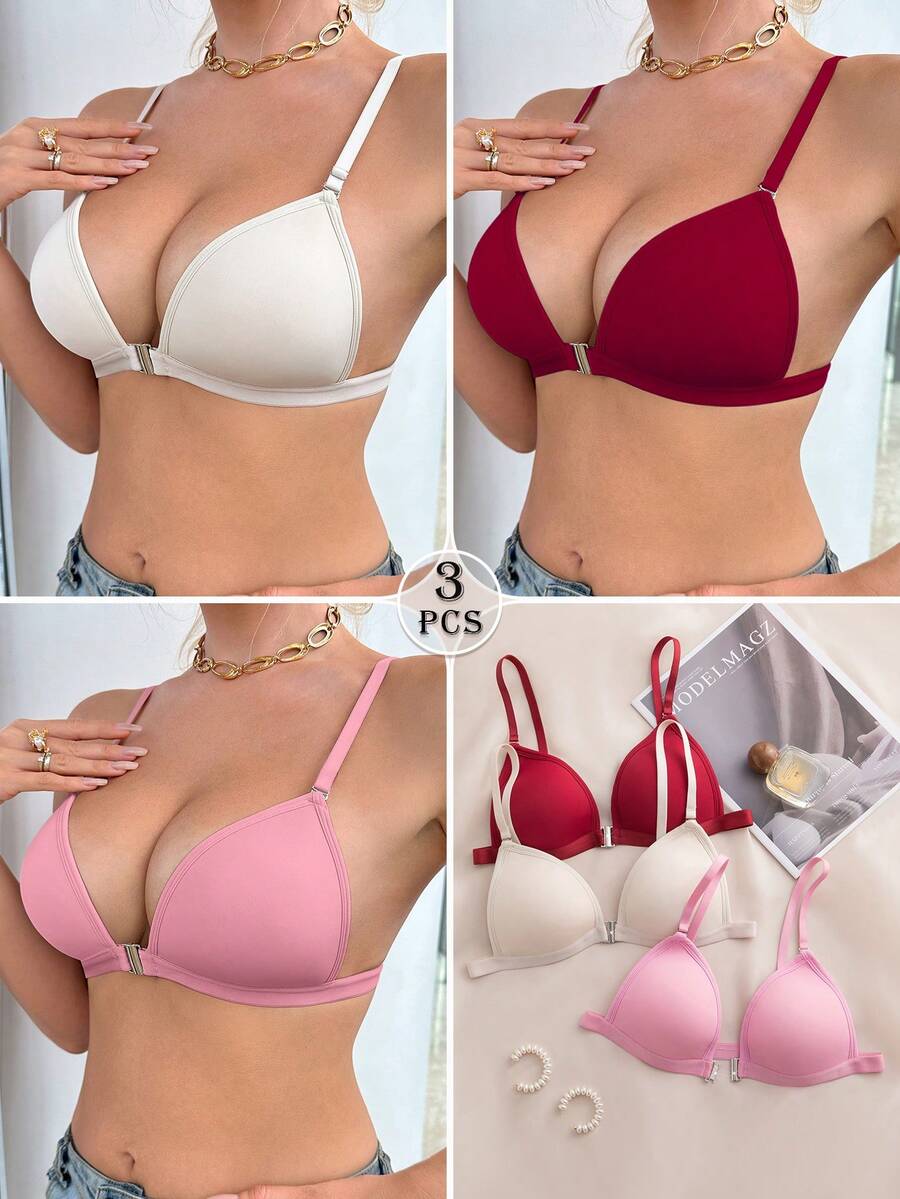 3pcs Multi-Color Set: Front Closure Wireless Bra With Removable Pads, Women's Lingerie Bra With Detachable Straps For Versatile Styling - Spaghetti Strap Bra, Criss-Cross Back Bra, And Spaghetti Strap Bra (Suitable For A-C Cup) - Multicolor - View 1