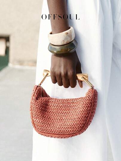 Vintage Metal Twist Handle Straw Bag, New Retro Beach Holiday Style Woven Bag, Party Event Clutch Bag With Metal Chain Shoulder Strap For Women