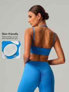 Sujetador deportivo para mujer con doble correa ajustable y espalda cruzada para yoga y fitness - Azul - Ver 2