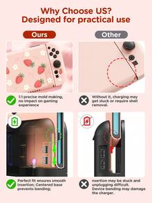 Ayotu 草莓花卉主题Switch保护壳，适用于新款Switch 2 (2025)/Switch NS/Switch OLED，无需取下即可在底座上使用，通用游戏手柄保护套，Switch游戏配件，防摔防刮，春日浪漫/返校礼物/情人节礼物 - 查看 4