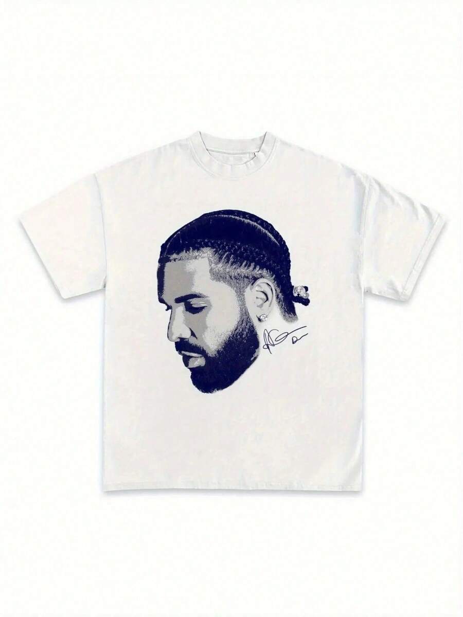 Drake Rapper Graphic White Cotton-Shirt - Unisex Hop Style Crew Neck Short Sleeve, Loose Fit Casual Sports Tee Men & Women, All-Season Comfort, Hop Shirt, Streetwear Fashion, Urban Fashion, Soft Material, Streetwear Lovers - 白色 - 查看 1
