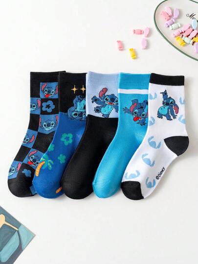 Disney 1/5/10 Pairs Children Spring/Autumn Crew Socks, Cute Stitch/Alien Dog Pattern Decor, Fashion Versatile Elastic Soft Comfortable Sports Socks, Classic Simple Breathable Odor-Resistant Campus/Outdoor/Travel/Daily Wear, Multiple Packs Available