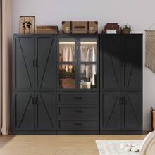 75" Tall Farmhouse 2/4/6 Doors Armoire Wardrobe Closet With Drawers And LED,Freestanding Closet Wardrobe Cabinet For Bedroom With Hanging Rod,Wooden Armoire Storage Cabinet With Adjustable Shelve - 黑色 - 查看 7