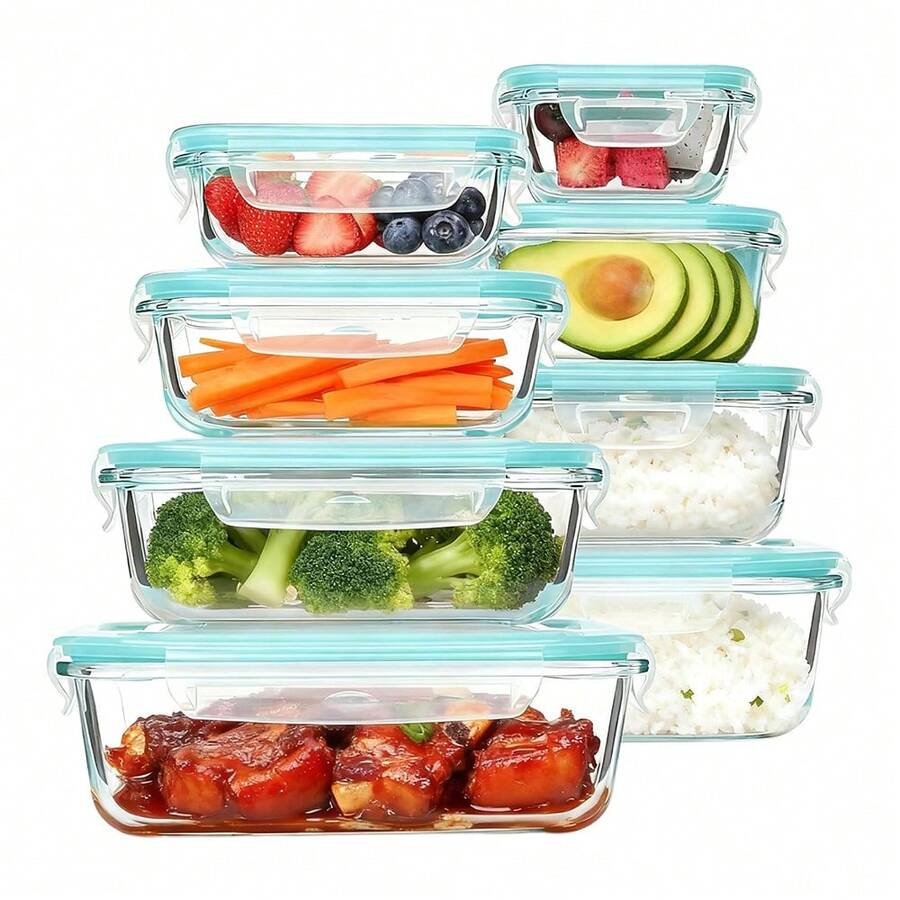 8pcs Glass Food Storage Containers With Lids , Glass Meal Prep Containers With Lids, Meal Prep Containers Reusable Glass Glass Lunch Box With Lids Clip Lock Glass Food Containers