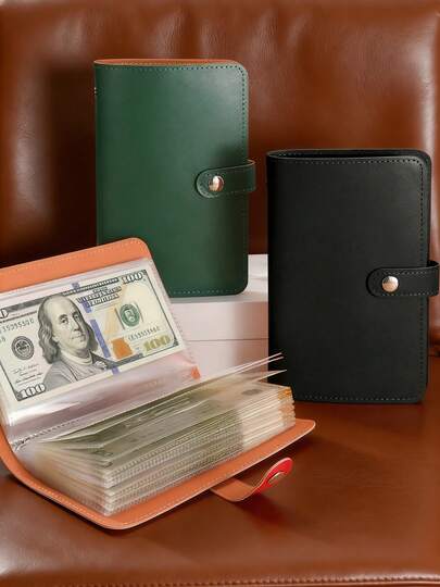 Cuaderno de Anillas de Cuero PU para Almacenamiento de Efectivo, 12.5x18.5cm, con Bolsillos Translúcidos Impermeables y Cierre de Botón, Ideal para Control de Finanzas, Presupuesto Personal, Guardar Efectivo, Recibos y Documentos, Portátil y Duradero para Uso Hogareño y Oficina