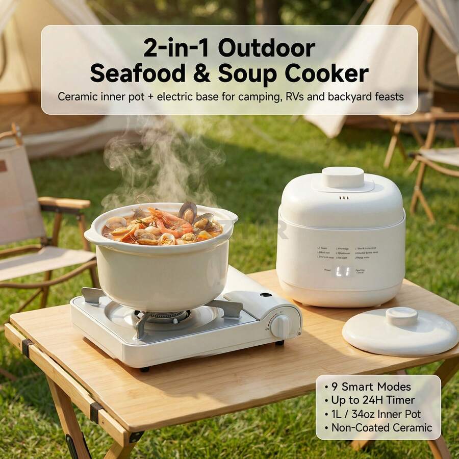 Smart Ceramic Slow Cooker Electric Stew Pot, 9 Preset Cooking Modes With Timer, 200W Low Power Slow Heating, All-Ceramic Inner Pot, Odor-Free Non-Stick Easy Clean, White Household Kitchen Appliance For Soup, Porridge, Stew, Congee, Baby Food, Health Cooking, Home Use - trắng - Xem 1