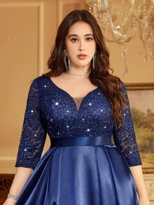 Đầm dạ hội dài size lớn thanh lịch cổ chữ V sâu đính sequin phối ren tay lỡ 3/4 phối satin tương phản, đầm dự tiệc tối dạ hội, đầm khách mời đám cưới trang trọng, cho tiệc homecoming - Màu xanh hải quân - Xem 9