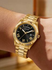 Guess Reloj de lujo para  inoxidable dorado, esfera negra con ventana de fecha, reloj de pulsera de negocios con números romanos GW0265G3 - Negro - Ver 2