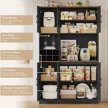 Kitchen Cupboard 41.7" X 70.9" (W X H), Kitchen Cabinets White, Pantry Cupboard With Removable Wine Rack - Black - View 3