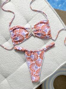 Blumenmuster eleganter sexy rückenfreier Knoten-Bikini Bademode, geeignet für Urlaub, Strand, Party, Date, Geburtstag, Alltagstragen, Metall Pentagramm Sommer - Orange - Übersicht 1