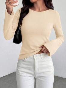 Women Casual Bell Long Sleeve Boat Neck Solid Color Fitted Shirts Spring Fall Autumn Y2K Club Going Out Tops Clothes - Beige - View 6