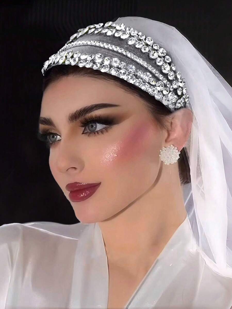 1件银色女士头饰，闪亮水钻发箍，网状发箍，立体宽发箍，新娘头饰，婚宴，舞会发饰，装扮头饰，角色扮演道具，婚礼配饰，女士配饰，春夏发饰