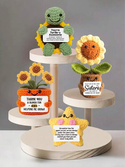 4件套手工钩编桌面摆件，可爱科幻主题玩偶，送给闺蜜、姐妹、妈妈、奶奶、同事、家人、情侣、孩子的绝佳生日礼物，传递正能量，创意派对装饰，情人节礼物，房间装饰毛绒玩具