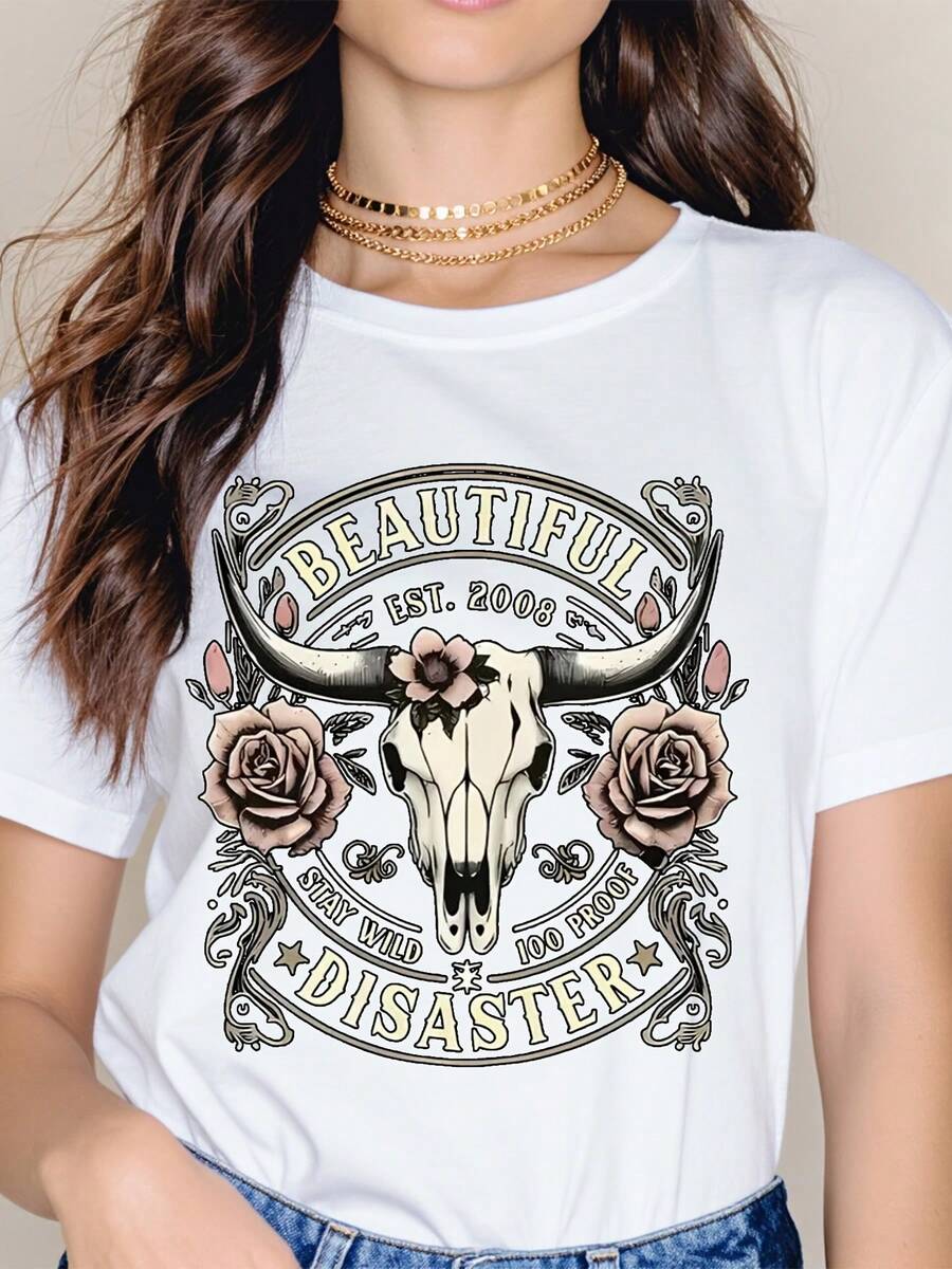 Beautiful Disaster Bull Skull Roses Summer Short Sleeve T Shirt - White - View 1