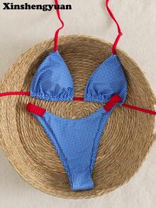 Bộ đồ bơi Xinshengyuan 2026 2 món/set dành cho Tết Dương lịch và Lễ Tình nhân, kiểu dáng thon gọn, hở lưng, buộc dây, họa tiết kẻ caro, cạp cao, gợi cảm, thời trang Âu Mỹ, đồ bơi sang trọng, thích hợp cho kỳ nghỉ biển và hồ bơi, đi chơi biển, dự tiệc, có đệm ngực rời, trang phục lễ hội, trang phục phối đồ ngày lễ, trang phục đi biển mùa hè, quần bơi mùa xuân mùa đông. - Nhiều màu - Xem 3