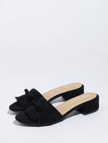 优雅麂皮流苏穆勒凉鞋 | 方头粗跟 | 时尚春夏露趾拖鞋 - 黑色 - 查看 7