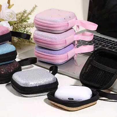 1个EVA材质闪光无线耳机便携迷你电子产品收纳盒，适用于收纳无线耳机/数据线/硬币及配件