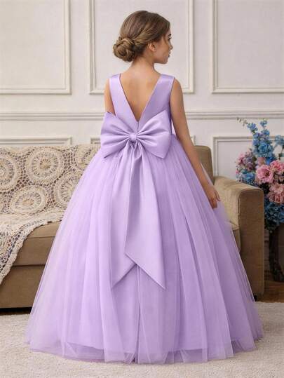 Vestido elegante de princesa de cuello en V con lazo, color púrpura claro, adecuado para fiesta de cumpleaños, boda, niña de las flores, dama de honor, baile de graduación de niñas preadolescentes