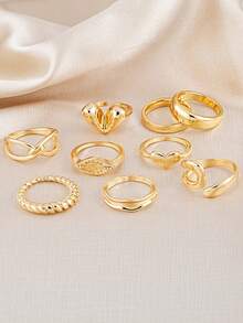 9pcs Fashion Crystal Heart & Geometric Ring Set, Suitable For Women's Daily, Date, Music Festival Stacking Wear - Yellow Gold - View 2