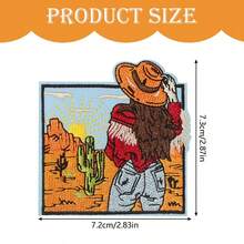 3pcs Cowgirl In The Desert Iron-On Embroidered Patches - Western Bar Applique Badges For Trucker Hats, Jackets, Jeans - Retro Cartoon Cowgirl Design With Cacti & Desert Scene - DIY Clothing Decorations, Gifts For, Cowboy Accessories, Jacket Embellishments, Vibrant Embroidery, Detailed Embroidery - 彩色 - 查看 2